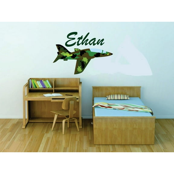 Personalized Name Vinyl Decal Sticker Custom Initial Wall Art Army Camouflage Plane Boy Decor 16 Inches X 20 Inches