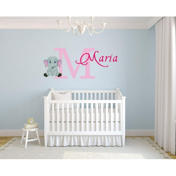 Personalized Name Vinyl Decal Sticker Custom Initial Wall Art Baby Girl Nursery Elephant Decor 16 Inches X 26 Inches