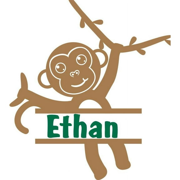 Personalized Name Vinyl Decal Sticker Custom Initial Wall Art Personalization Decor Animal Hanging Monkey Baby Nursery Room 10 Inches x 10 Inches