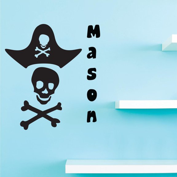 Personalized Name Vinyl Decal Sticker Custom Initial Wall Art Personalization Decor Sticker Pirate Skull Bones Hat Sword Boys Bedroom Skull 10 Inches X 18 Inches