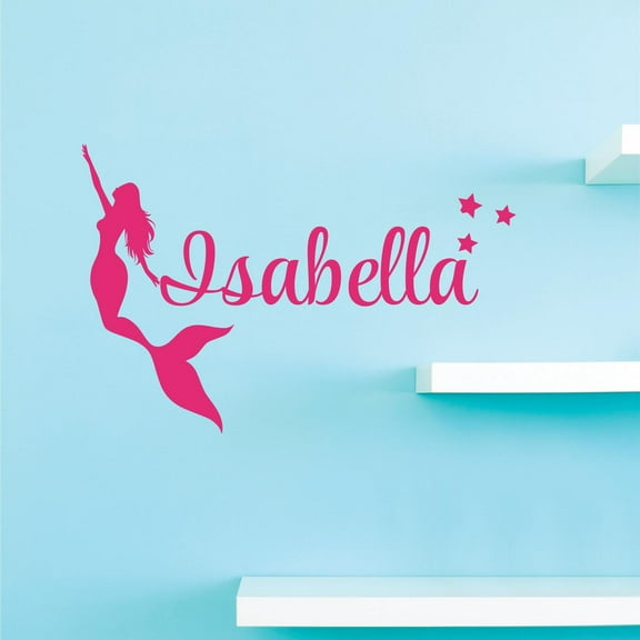 Personalized Name Vinyl Decal Sticker Custom Initial Wall Art Personalization Decor Sticker Mermaid Girl Bedroom Fairytail Baby Nursery Pink 10 Inches X 14 Inches