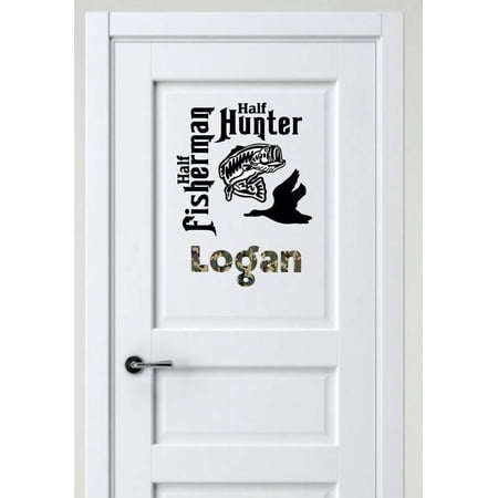 Personalized Name Vinyl Decal Sticker Custom Initial Wall Art Personalization Half Fisherman Half Hunter Animal Camouflage 20 Inches X 30 Inches