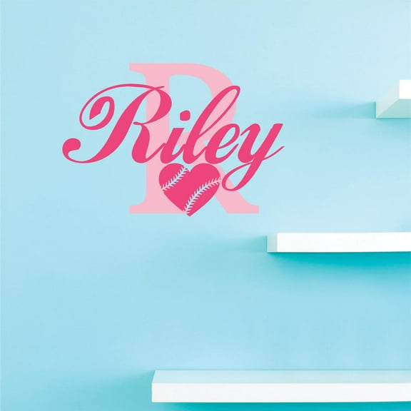 Personalized Name Vinyl Decal Sticker Custom Initial Wall Art Softball Heart Girls Sports Decor 16 Inches X 20 Inches
