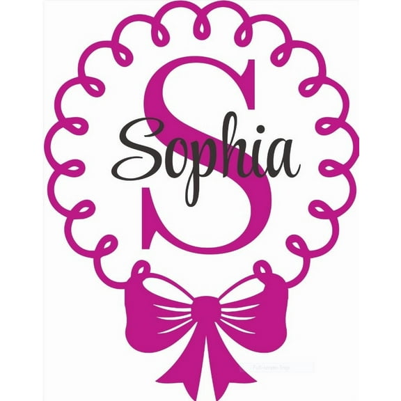 Personalized Name Vinyl Decal Sticker Custom Initial Wall Personalization Decor Baby Girls Circular Border Bow Bedroom Nursery Children Room 15 Inches X 15 Inches