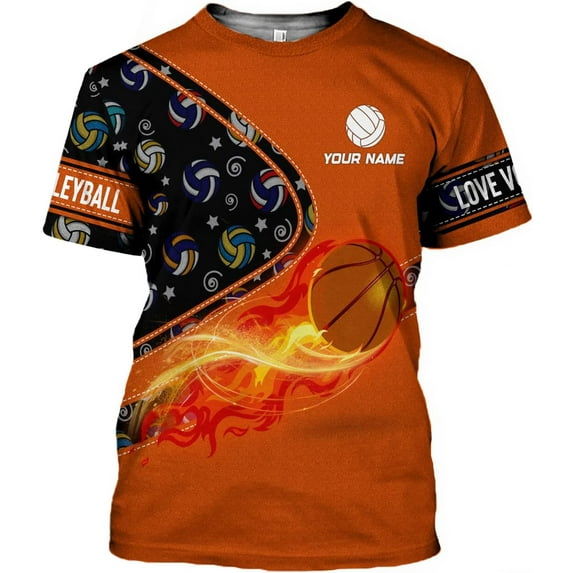 Personalized Name Volleyball Shirts 3D for Men and Women, Volleyball Shirt for Volleyball Lover, Unisex Tee Shirt (Orange, M)
