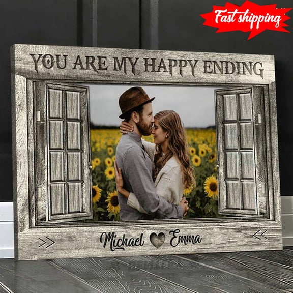 Personalized Name Window Frame With Happy Couple In Suflower Field 24 x 36 Inch Poster