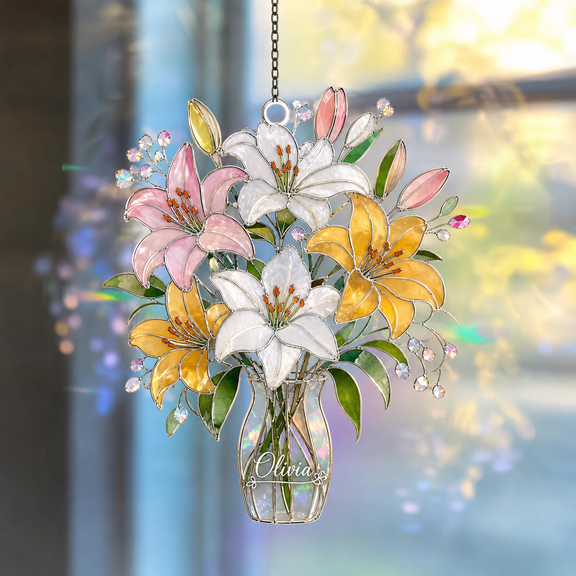 Personalized Name Window Hanging Suncatcher Lily Bouquet Gift for Mom or Grandma