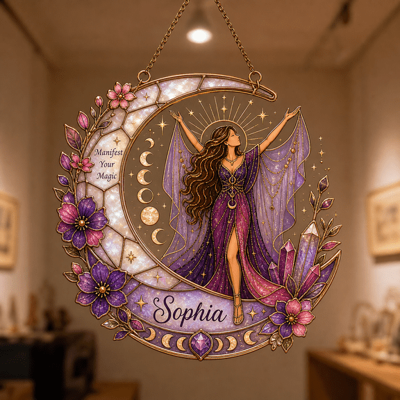 Personalized Name Window Hanging Suncatcher, Manifestation Moon Crystal Gift