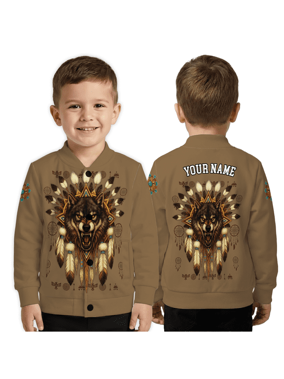 Personalized Name Wolf Spirit Jacket, Dreamcatcher Feather Wolf Art Baseball Jacket, Fantasy Animal Outerwear