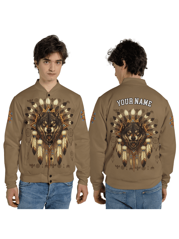Personalized Name Wolf Spirit Jacket, Dreamcatcher Feather Wolf Art Baseball Jacket, Fantasy Animal Outerwear