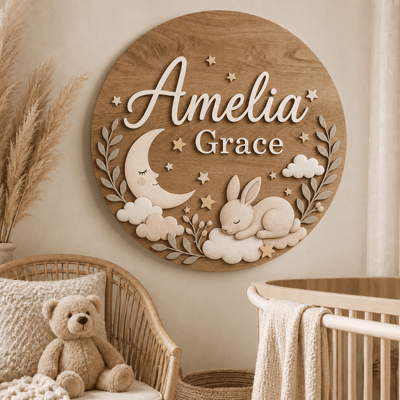 Custom Name Wooden Sign Nursery Wall Decor Kid Room Hanging Gift