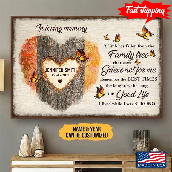 Personalized Name & Year Butterflies & Heart Shape On Tree Trunk In Loving Memory A Limb Has Fallen From The Family Tree That Says Grieve Not For Me 11 x 17 Inch Poster