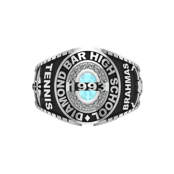 Personalized Name, Year, Pattern High School Class Ring, Graduation Ring for Students, College or University Jewelery, Senior Gift - Two Tone Oval Birthstone Class Ring