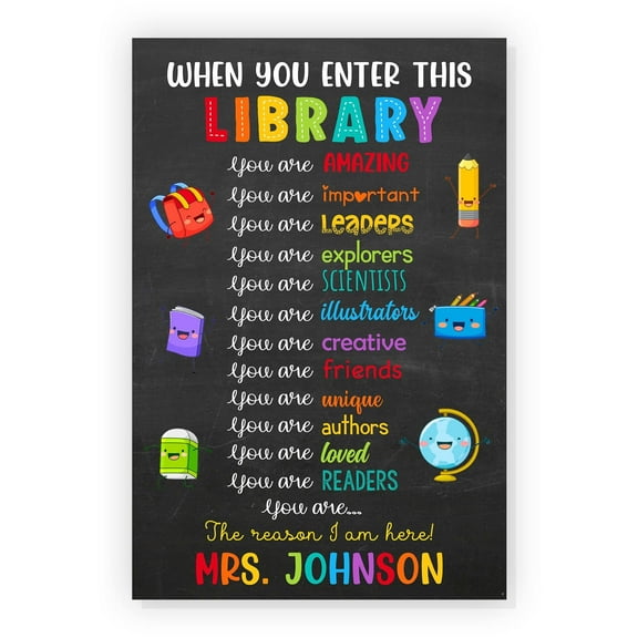 Personalized Name When You Enter This Library Poster Reading Posters Classroom Library Decorations For Elementary Middle and High School Reading Poster For Teacher Students Library Posters