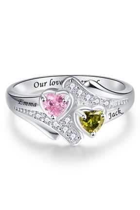 Personalized Names Infinity Promise Rings for Women 925 Sterling Silver Heart Rings with 2 Simulated Birthstones