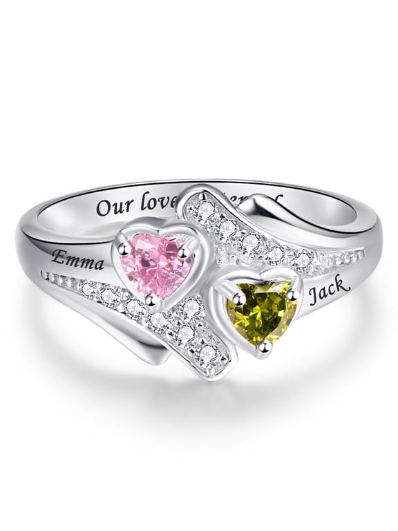 Personalized Names Infinity Promise Rings for Women 925 Sterling Silver Heart Rings with 2 Simulated Birthstones