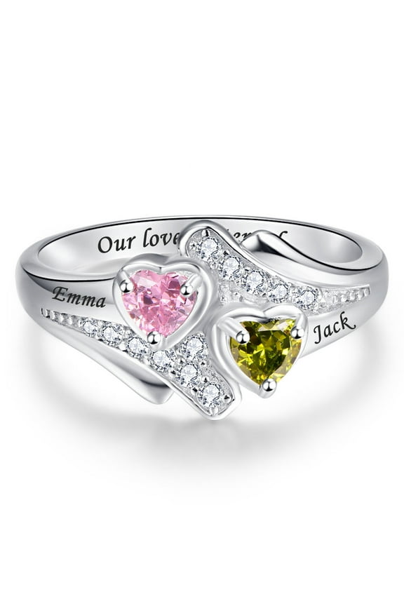Personalized Names Infinity Promise Rings for Women 925 Sterling Silver Heart Rings with 2 Simulated Birthstones