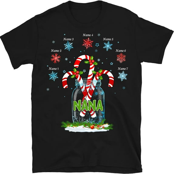 Personalized Nana Snowflakes Shirt, Custom Grandkids Names Grandma T Shirt, Christmas Candy Cane, for Grandpa, Mom, Dad