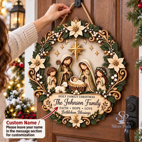Personalized Nativity Wooden Door Sign, Holy Family Christmas Decor