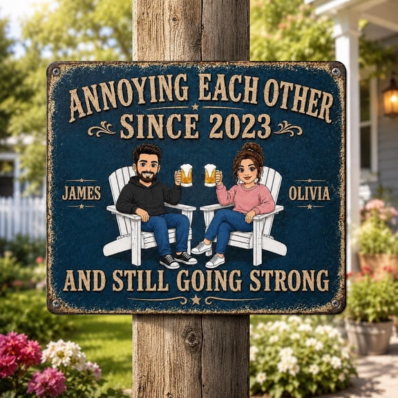 Personalized Navy Adirondack Couple Vertical Aluminum Metal Sign, Custom Names Date Year and Message, 8 x 12 Inch, Anniversary Gift for Couples Parents Grandparents, Customized Metal Sign
