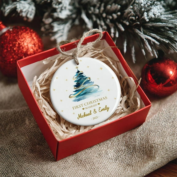 Personalized “Navy” Blue Christmas Tree Ceramic Ornament 2025 – First Married Keepsake for Couples