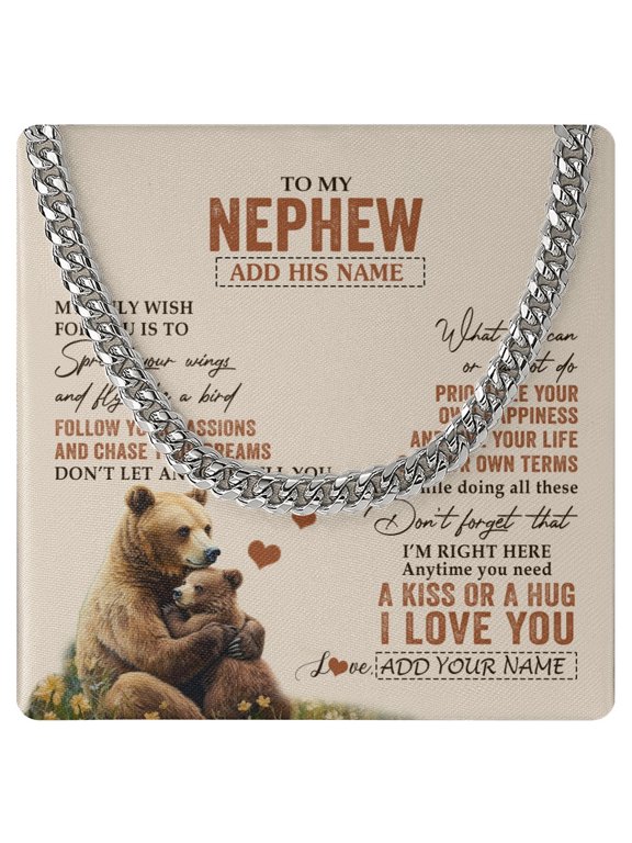 Personalized To My Nephew Gifts Necklace From Aunt Uncle Bear My Only Wish For You Nephew Birthday Gifts Graduation Christmas Custom Gift Box Message Card, White Cuban Link Necklace
