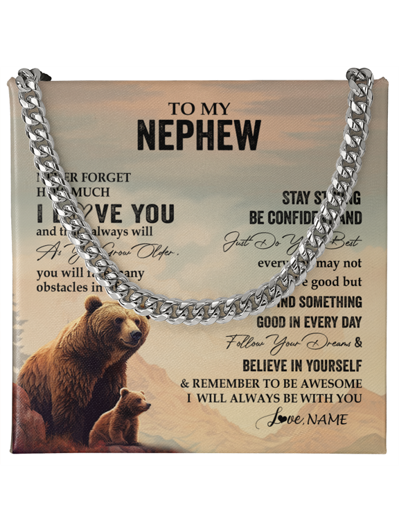 Personalized To My Nephew I Love You Forever Necklace From Aunt Uncle Bear Nephew Birthday Gifts Graduation Christmas Customized Gift Box Message Card, White Cuban Link Necklace