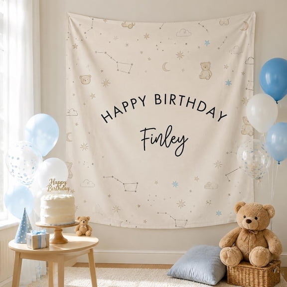 Personalized Neutral Birthday Linen-Style Fabric Tapestry, Custom Name Party Backdrop for Birthday Celebration Decor and Photo Booth