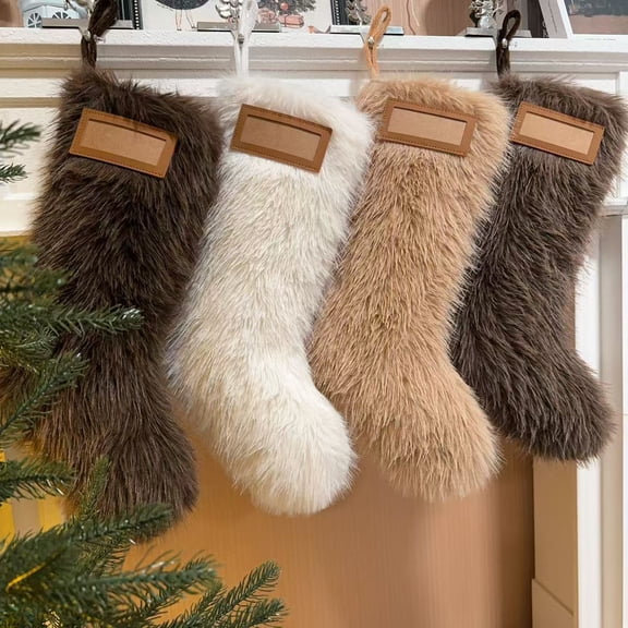 Personalized Neutral Colors Plush Faux Fur Christmas Stockings,4Pack Deluxe Grey Brown White Christmas Stockings Hanging Ornaments Candy Gift Bags for Xmas Fireplace Holiday Decorations