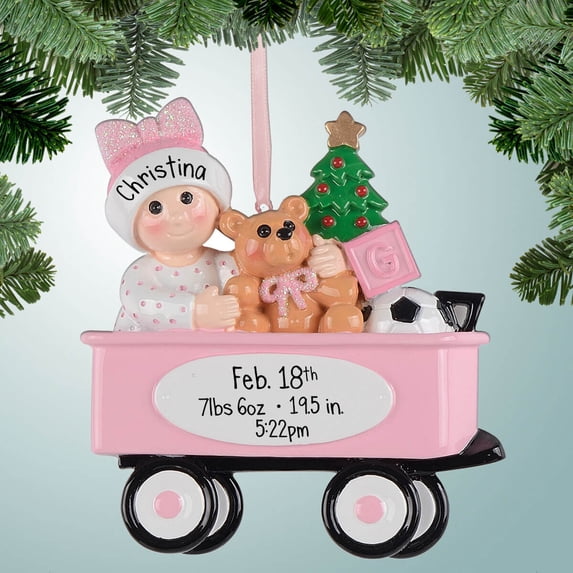 Personalized New Baby in Wagon - Girl Christmas Ornament - New Addition - Arrival - Little Brother - Sister - Newborn
