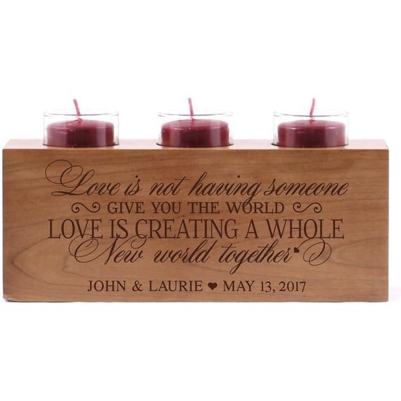 Personalized New World Together Wedding Anniversary Candle Holder for him her Custom Engraved Cherry Wood Engagement Ideas for Boyfriend or Girlfriend One 10" L x 4" H (Love is Creating)