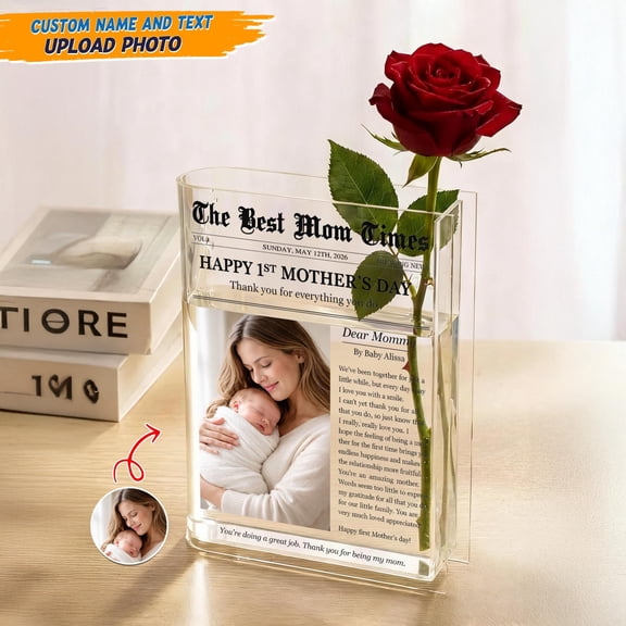 Personalized Newspaper Style Acrylic Book Vase, Custom Photo Keepsake Gift for Mom, 5.9x7.9x1.6 in