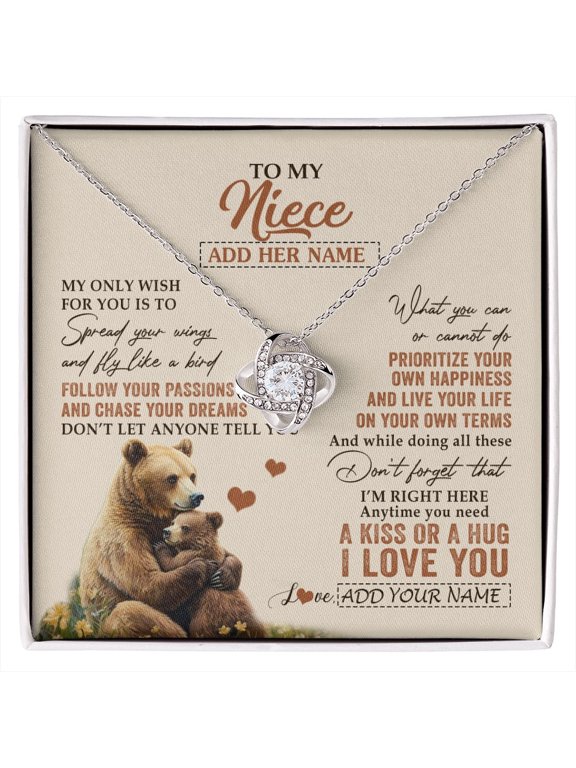 Personalized To My Niece Gifts Necklace From Aunt Uncle Bear My Only Wish For You Niece Birthday Gifts Graduation Christmas Customized Gift Box Message Card, White Love Knot Necklace
