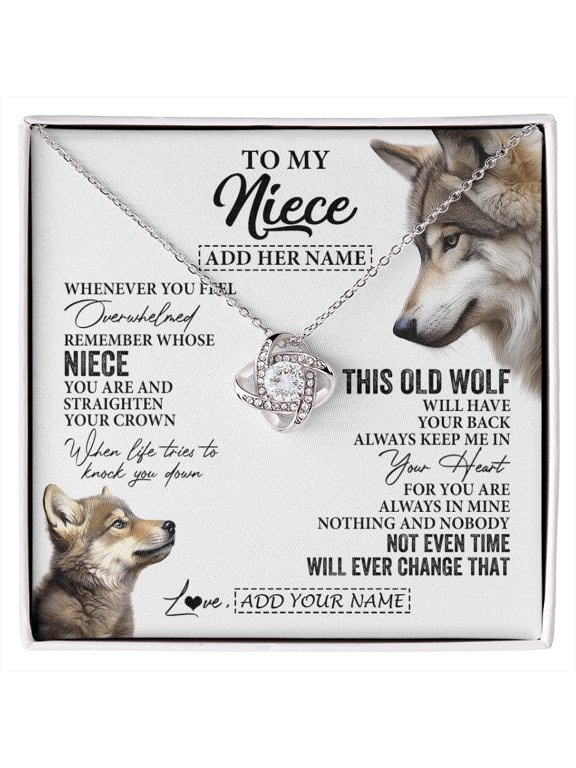 Personalized To My Niece Gifts Necklace From Aunt Uncle Whenever Wolf Unique Birthday Gifts For Niece Graduation Christmas Custom Gift Box Message Card, White Love Knot Necklace