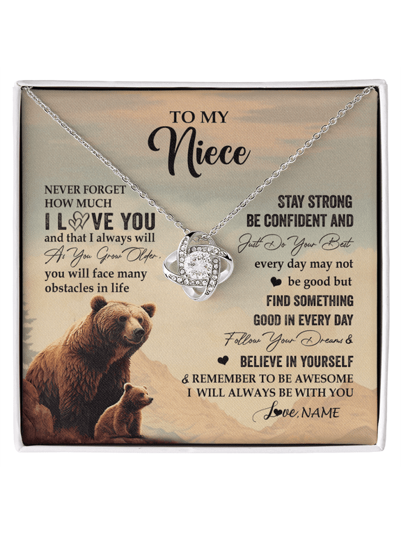 Personalized To My Niece I Love You Forever Necklace From Aunt Uncle Bear Niece Birthday Gifts Jewelry Graduation Christmas Customized Gift Box Message Card, White Love Knot Necklace