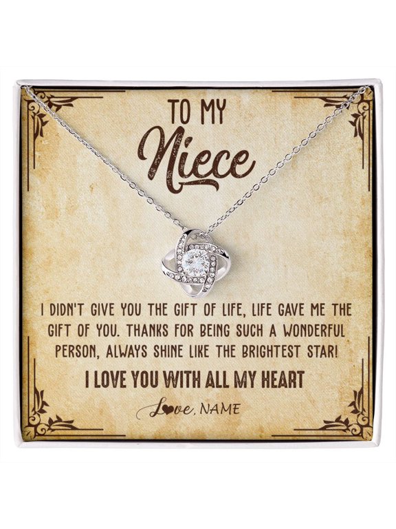 Personalized To My Niece Necklace From Aunt Uncle Auntie I Love You With All My Heart Niece Birthday Christmas Jewelry Customized Gift Box Message Card, Gold Love Knot Necklace