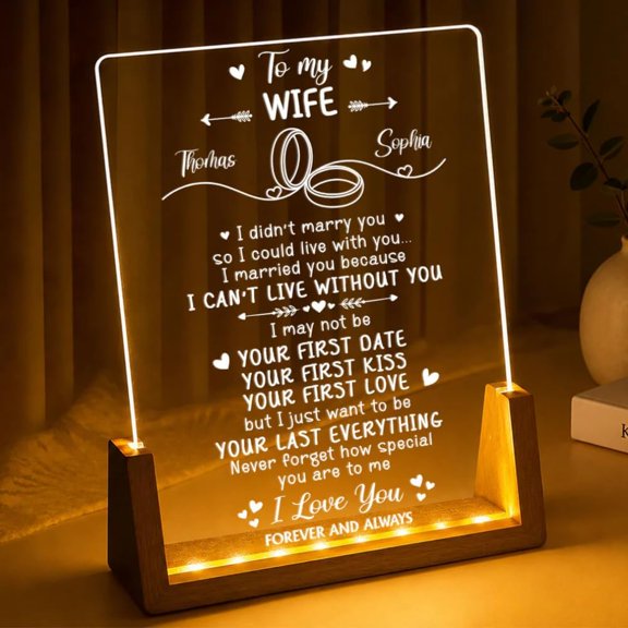 Personalized Night Light, Custom Name Walnut Base Anniversary Gift for Wife