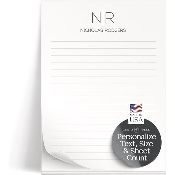 Personalized Notepad 50 or 100 Sheets, Custom Stationery Note Pad 3 Sizes Monogrammed Stationery with Initials, Custom Stationary Sets for Women & Men Gifts, Memo or To Do Lists - Thin Line Pad