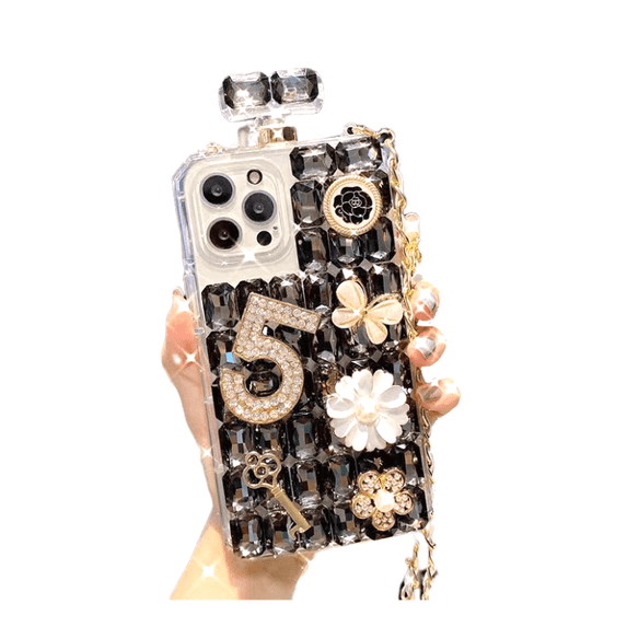 Personalized Number 5 with Flowers & Butterflies Diamond Perfume Bottle Phone Case with Strap for iPhone 17/16/15/14/13/12/11 Pro Plus Air ProMax