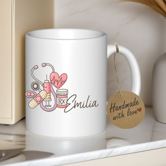 Personalized Nurse Coffee Mug with Stethoscope & Medical Symbols  Custom Name Design  Perfect Gift for Healthcare Professionals