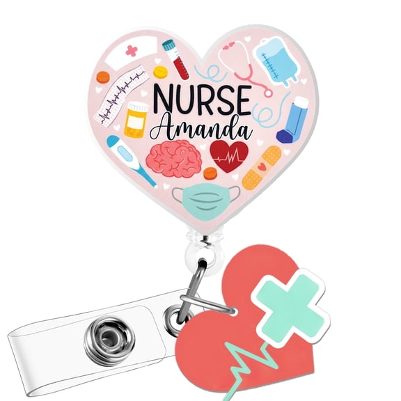 Personalized Nurse Heart Badge Reel, Custom Name Retractable ID Holder with Optional Charm