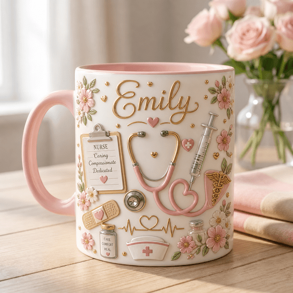 Personalized Nurse Mug with 3D Effect, Medical Floral Stethoscope Name Gift