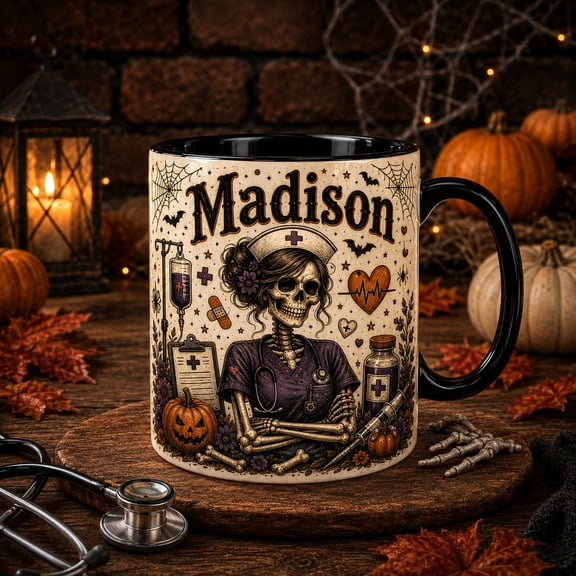 Personalized Nurse Skeleton Mug for Halloween Coworker Gift
