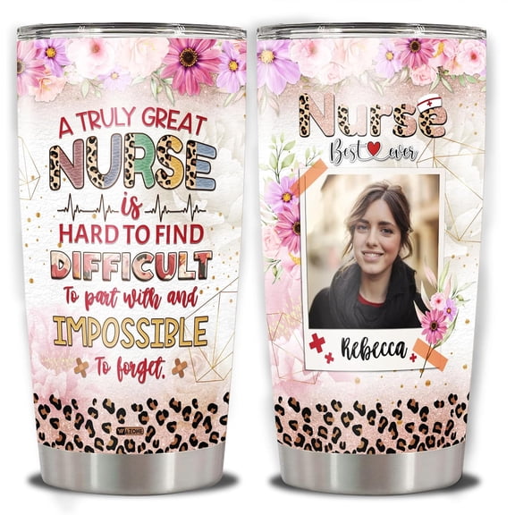 Personalized Nurse Tumbler With Photo Picture Leopard Style Insulated Cup 20oz 30oz Stainless Steel Travel Mug Customized Registered Nurses Women Girls Appreciation Week Nursing Gifts