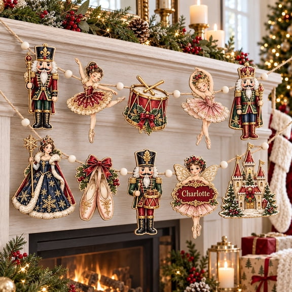 Personalized Nutcracker Ballerina Garland Ornament, Wooden Custom Name Mantel Banner for Holiday Decor