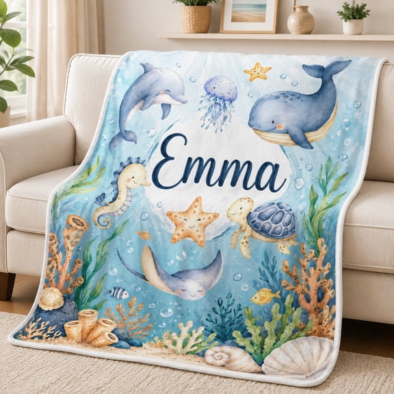 Personalized Ocean Fleece Blanket Custom Name Family Sea Animals Throw – Soft 280GSM Polyester, 4 Sizes, Ships from US