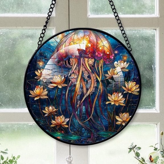 Personalized Ocean Jellyfish Suncatcher Stained Glass Suncatchers, Ocean Jellyfish Ornament for Sun Catcher Indoor Window, Ocean Jellyfish Painted Glass Panel Dcor kHDiIx (Fish 15)