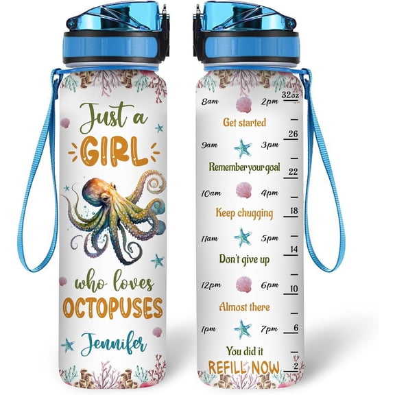 Personalized Octopus Lovers 32 Oz 1Liter Motivational Water Bottle With Time Marker, Just A Girl Who Loves Octopus, Sea Animal Lovers Gifts For Women, Girl On Birthday, Christmas