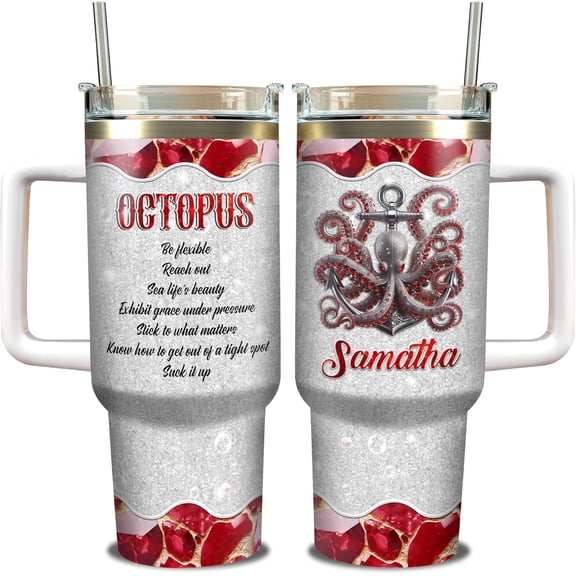 Personalized Octopus Tumbler 40oz with Handle and Straw Custom Name Stainless Steel Travel Coffee Cup Jewelry Style Ocean Sea Animal Gift Birthday Present For Women Her