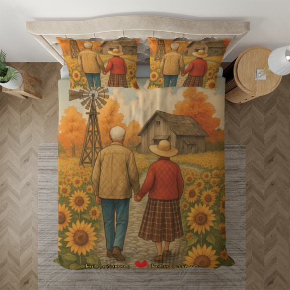 Personalized Old Couple Bedding Set – Custom Name Farm Scene Bed Set with Sunflowers – Romantic Gift for Anniversary or Grandparents